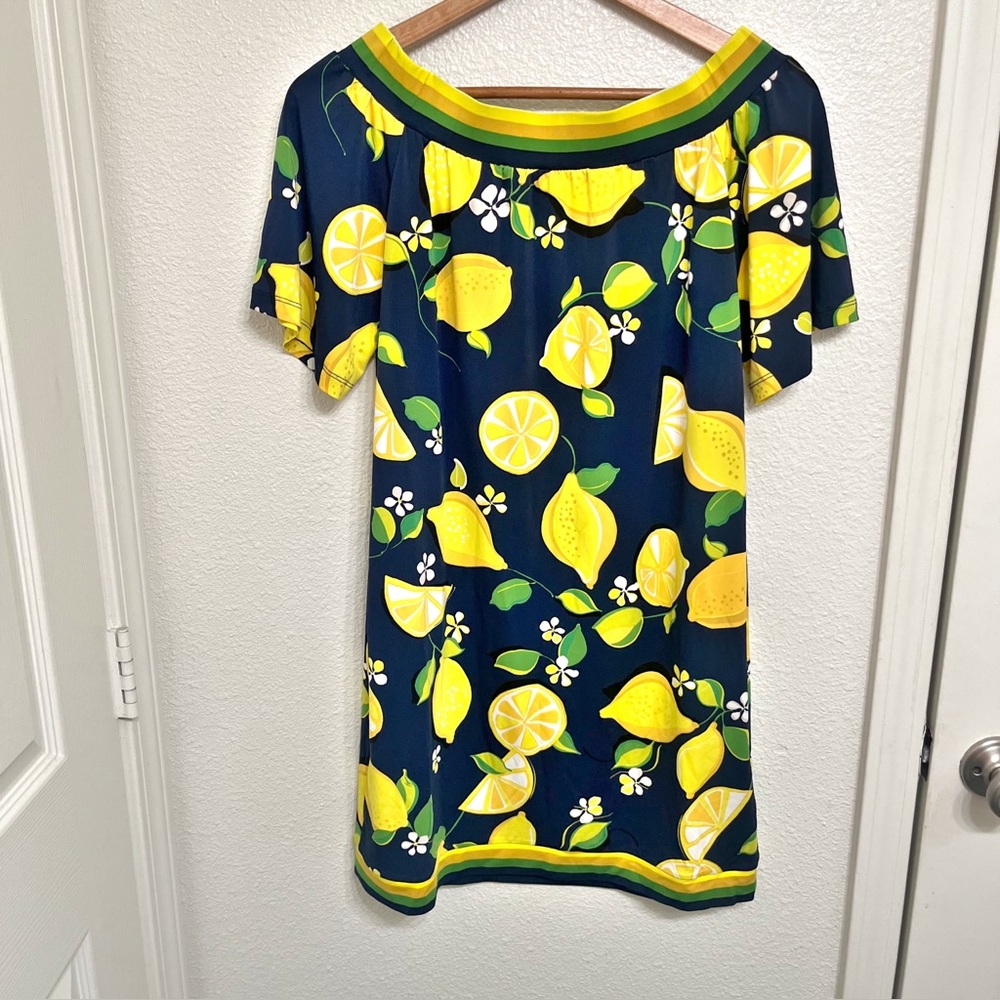 Trina Turk Kelso Lemon Print Off the Shoulder Dress Navy Yellow Small NWT - Picture 5 of 9